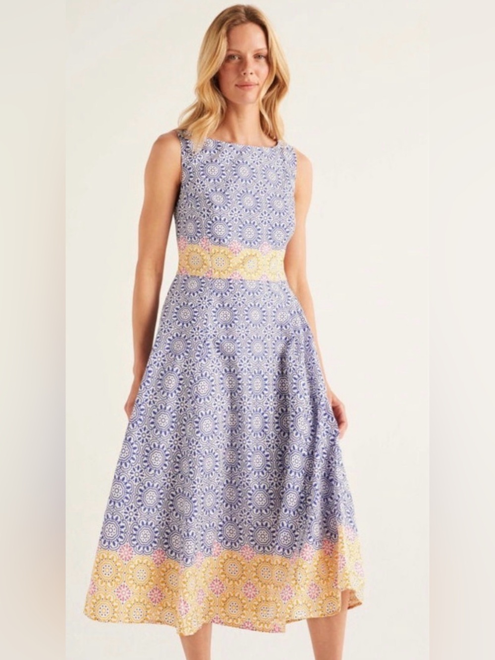 Like New Boden Blue Yellow Pink White Medallion Cotton Midi Dress US Size 14